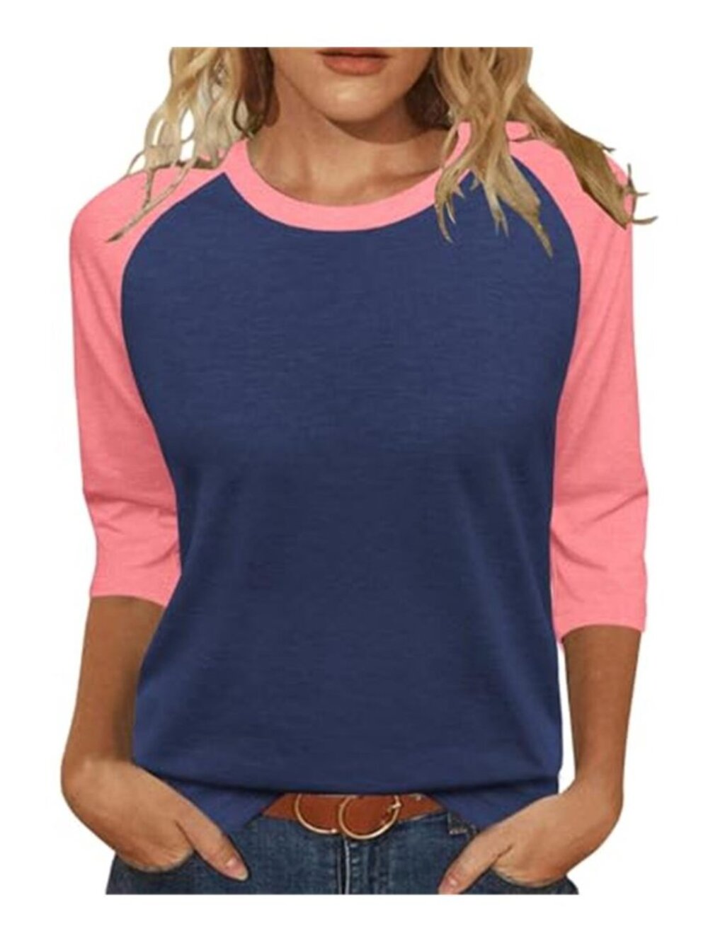 Womens Color Block 3/4 Sleeve Top Navy Pink Loose Casual Round Neck Tee Shirt